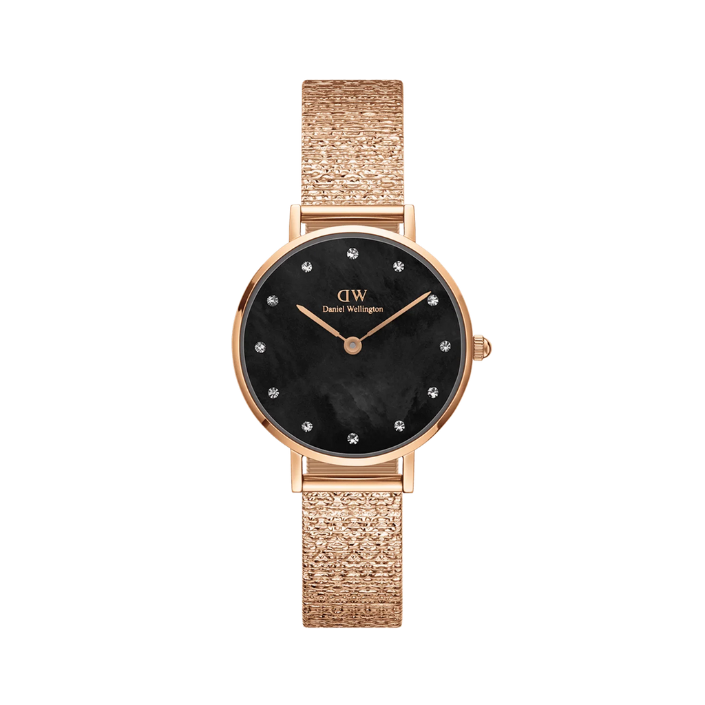 Daniel Wellington Petite Lumine Pressed Piano Black MoP Rose Gold – Vista frontale su sfondo bianco – Orologio donna DW00100591