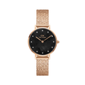 Daniel Wellington Petite Lumine Pressed Piano Black MoP Rose Gold – Vista frontale su sfondo bianco – Orologio donna DW00100591
