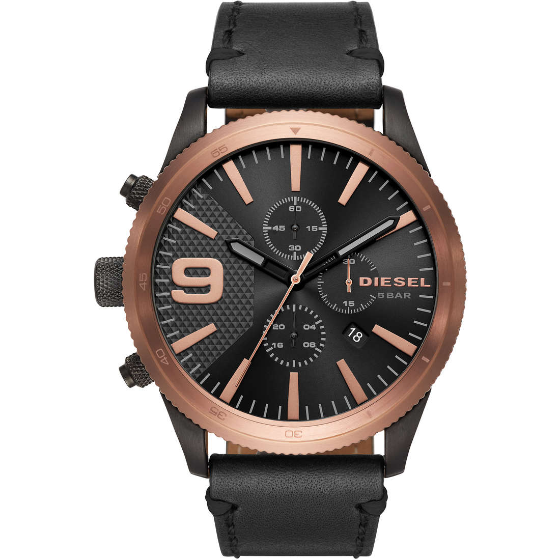 Diesel Rasp Chrono DZ4445 – Vista frontale – Cronografo uomo nero e rame da Cicco Gioielleria