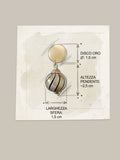 Schema delle misure degli orecchini OR0141: elemento superiore di 1,5 cm, pendente alto circa 2,5 cm e sfera larga 1,5 cm.