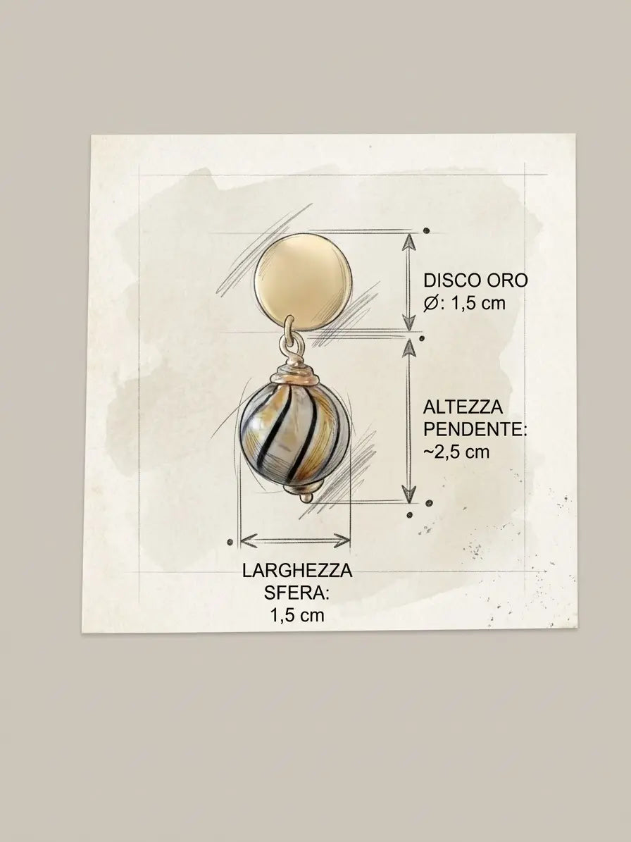 Schema delle misure degli orecchini OR0141: elemento superiore di 1,5 cm, pendente alto circa 2,5 cm e sfera larga 1,5 cm.