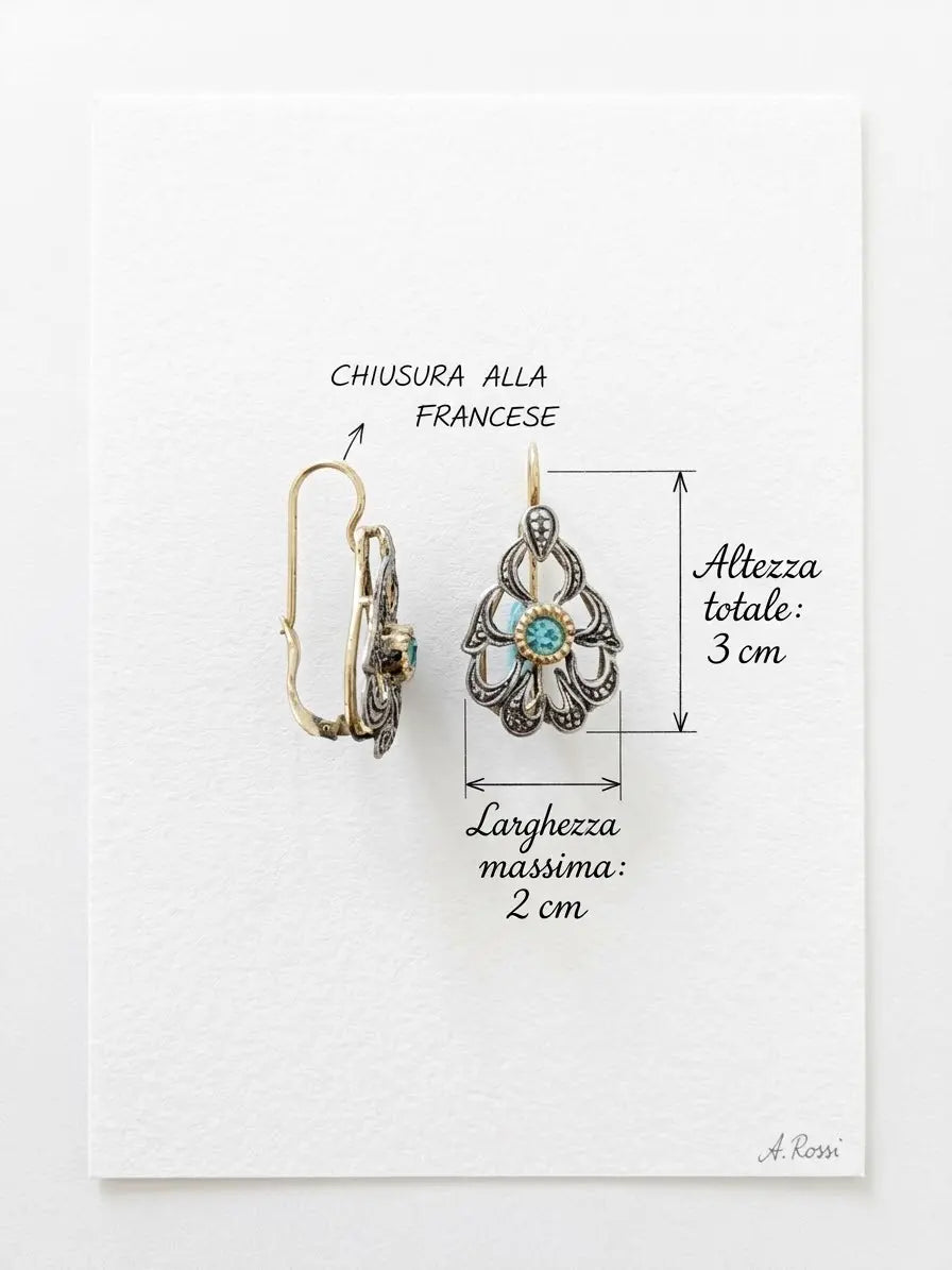 Misure degli orecchini OR0164 in argento 925 con pietra celeste: altezza totale 3 cm, larghezza massima 2 cm e chiusura alla francese, CICCO Gioielleria.