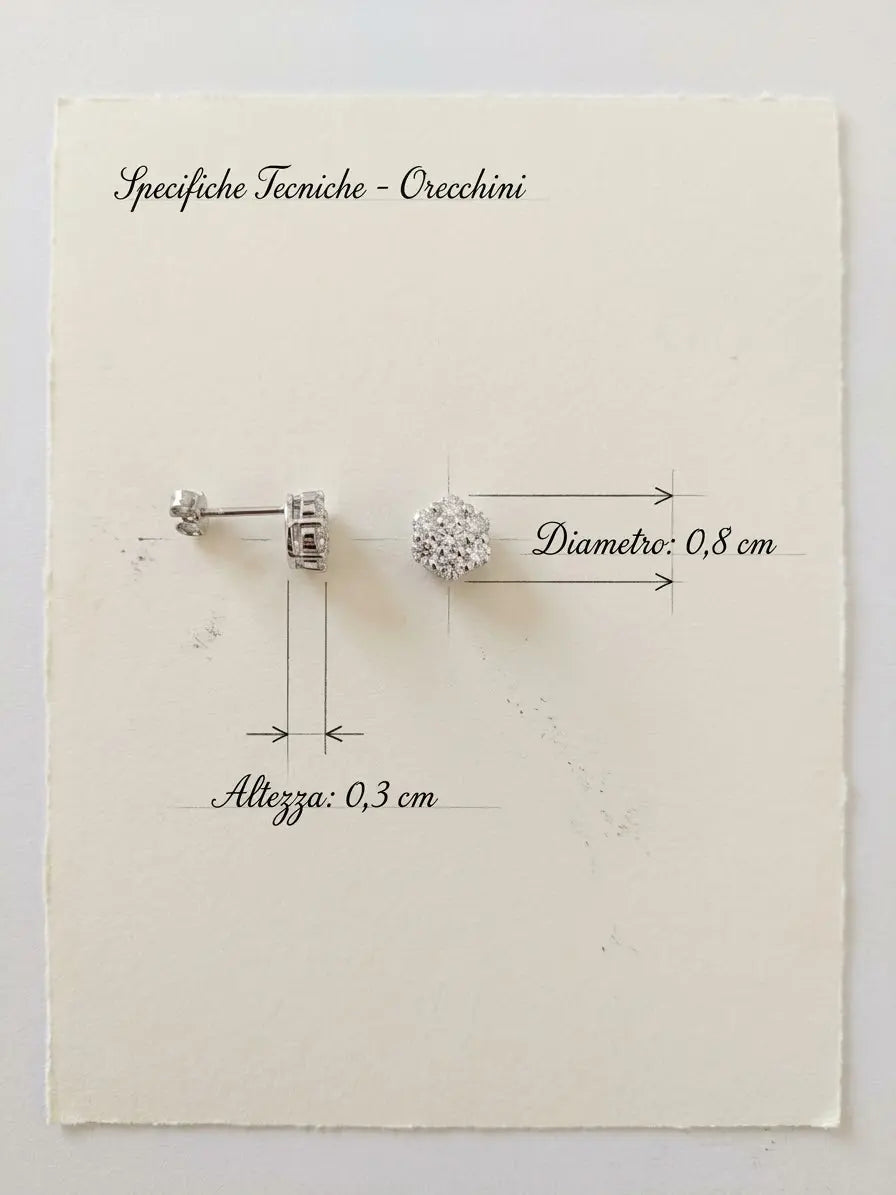 Orecchini Magic in argento 925 con zirconi, diametro 0,8 cm e spessore 0,3 cm nella grafica tecnica, CICCO Gioielleria.