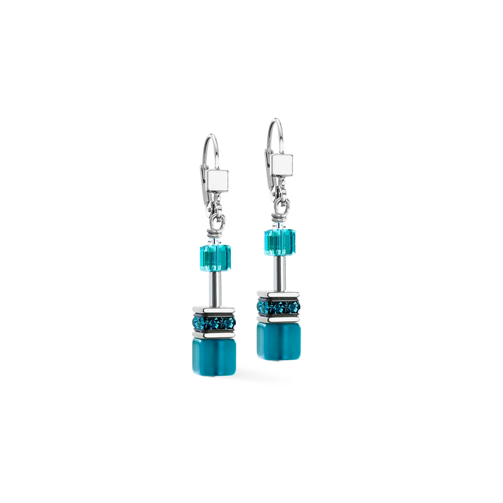 Orecchini Coeur de Lion GeoCUBE® Iconic Teal Argento – Vista frontale – Cicco Gioielleria