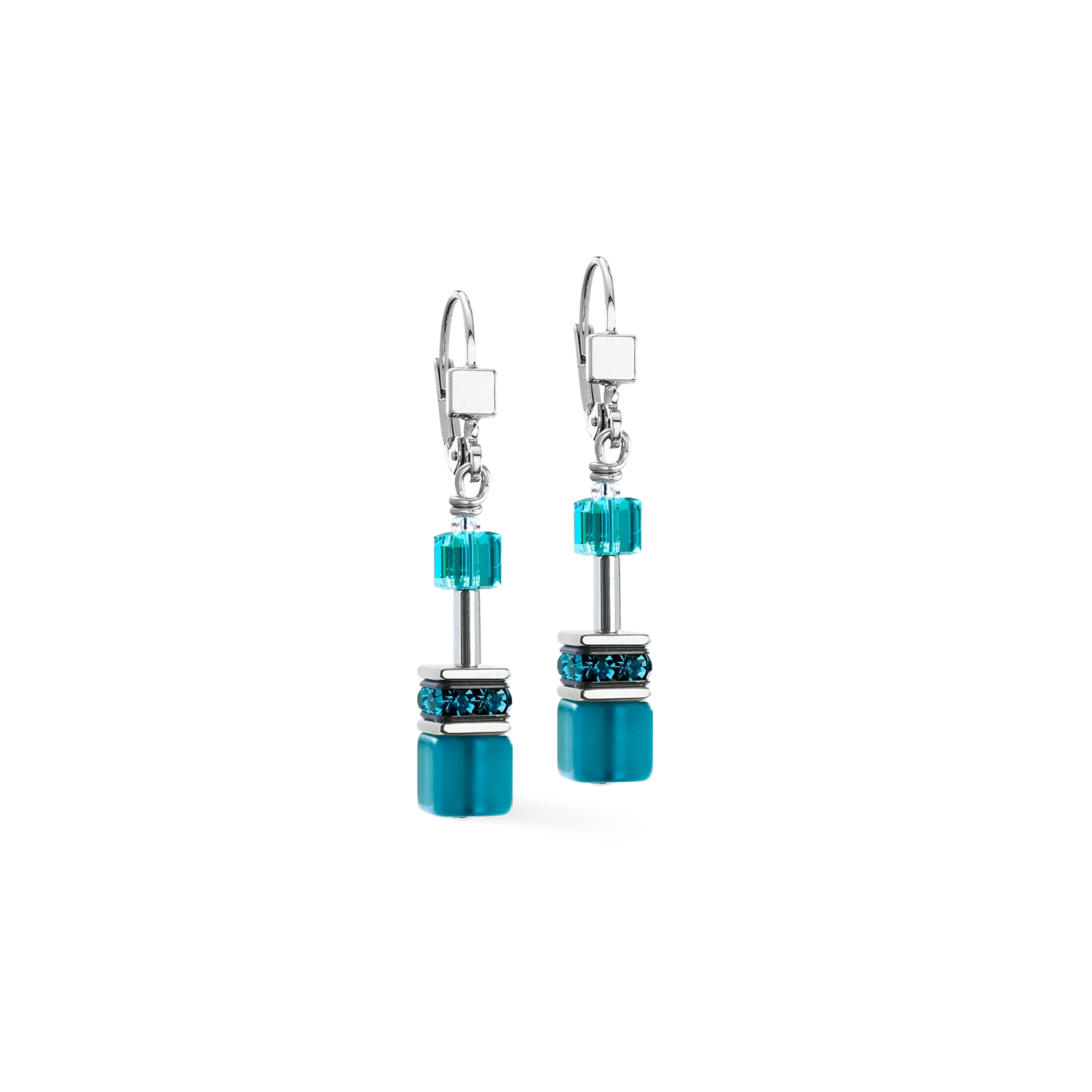 Orecchini Coeur de Lion GeoCUBE® Iconic Teal Argento – Vista frontale – Cicco Gioielleria