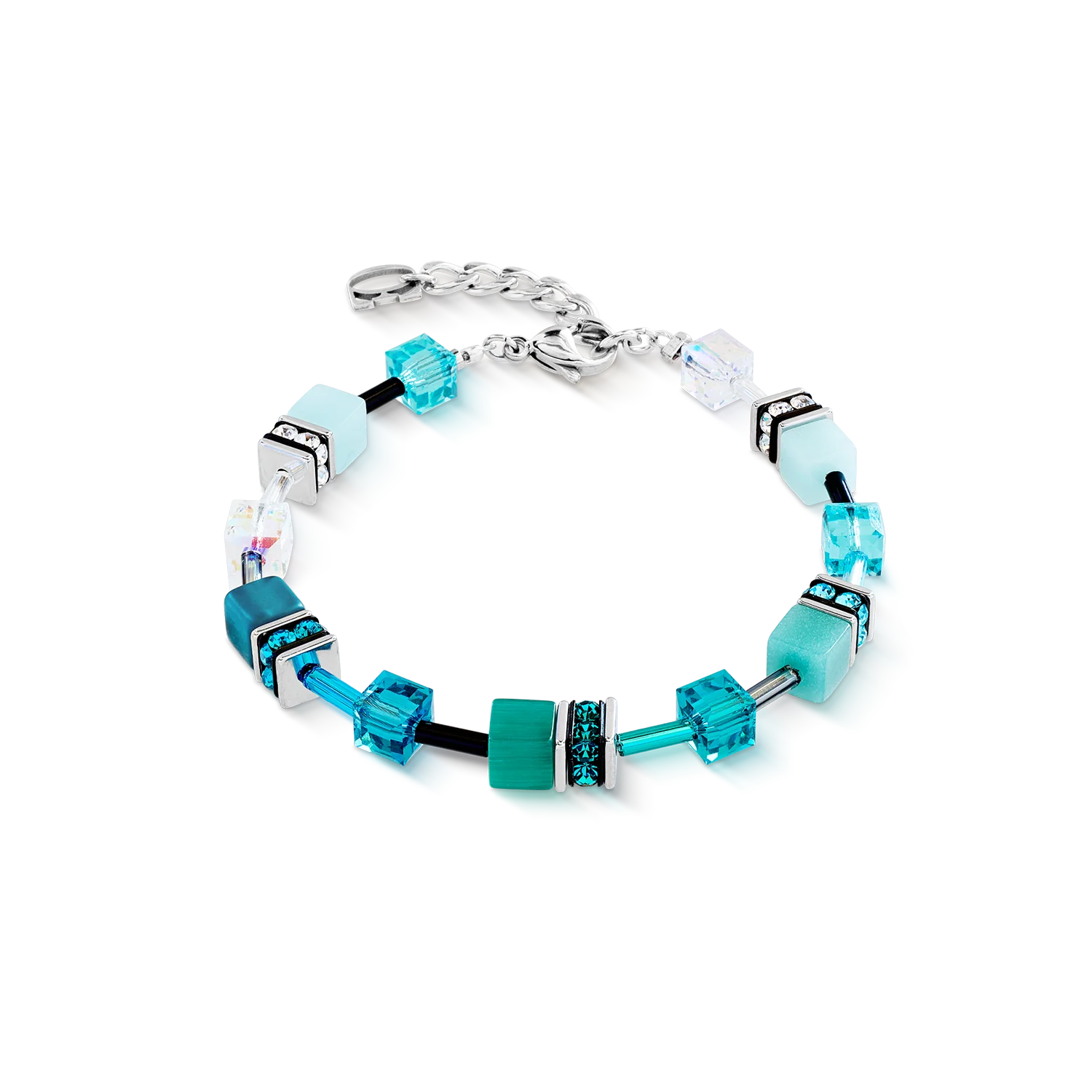 Bracciale Coeur de Lion GeoCUBE® Iconic Teal Argento – Vista frontale – Cicco Gioielleria