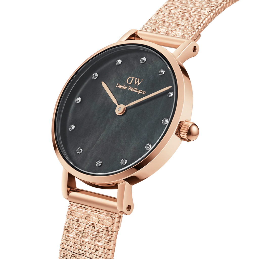 Daniel Wellington Petite Lumine Pressed Piano Black MoP Rose Gold – Dettaglio cinturino – Orologio donna DW00100591