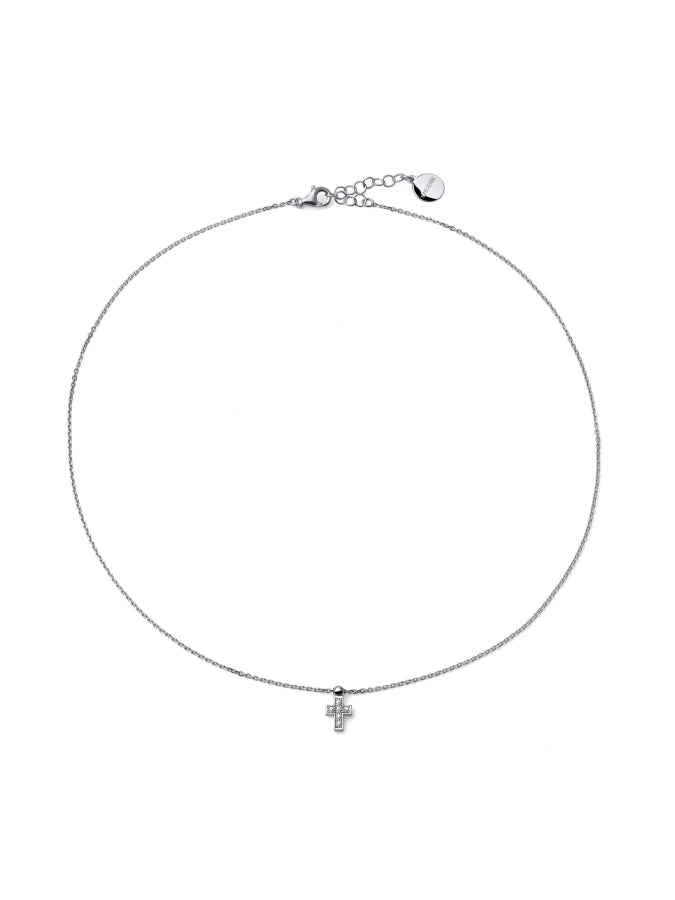 Collana UNOAERRE Luxury in argento rodiato con mini croce pavé di zirconi su sfondo neutro – CICCO Gioielleria