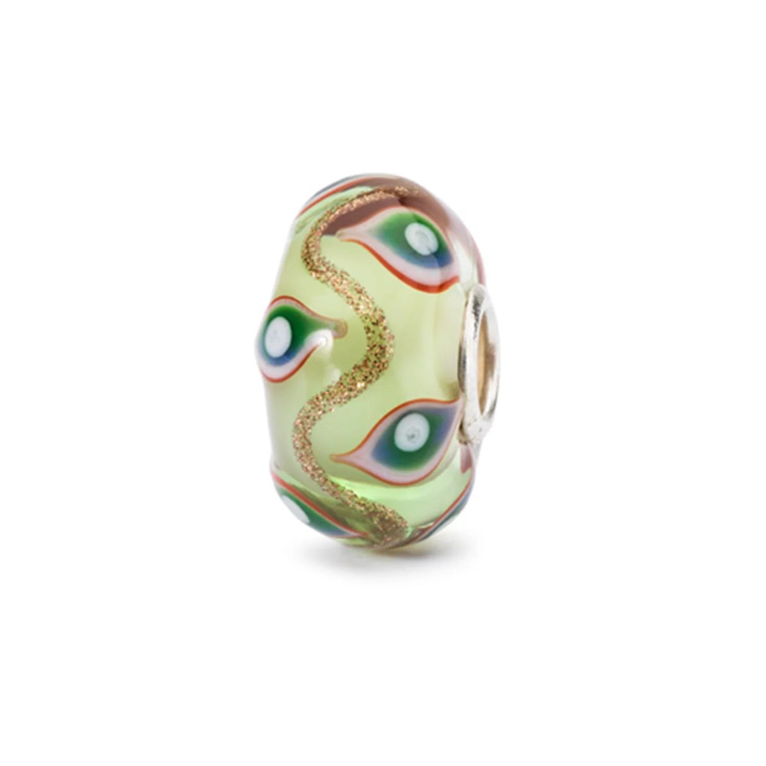 Trollbeads TGLBE-10426 Illusione – Bead in vetro verde con motivo occhio di pavone e filamenti dorati – CICCO Gioielleria