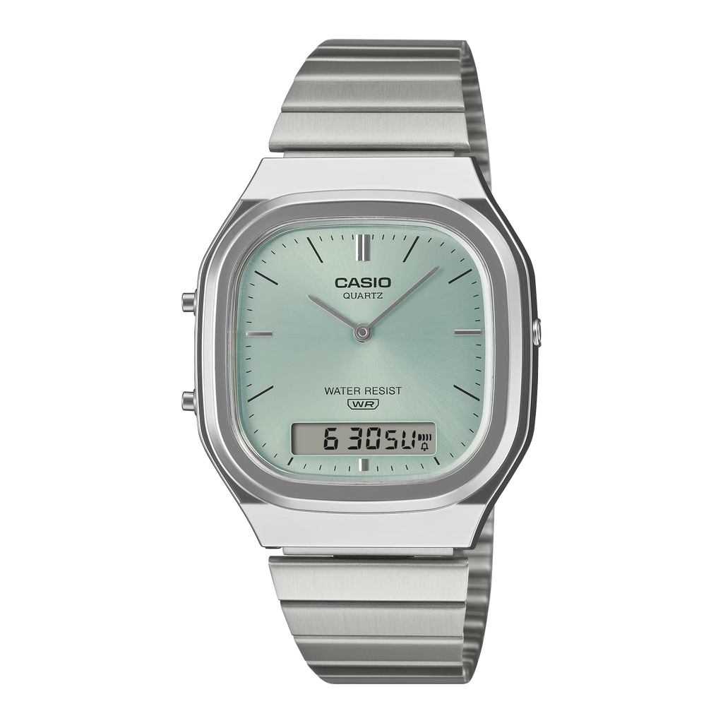 Casio Vintage AQ-240E-2AER orologio ana-digi cassa argentata quadrante azzurro a raggiera