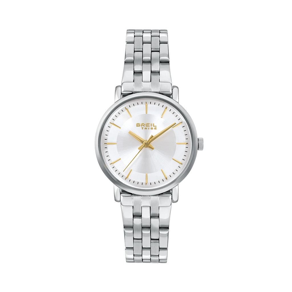 Breil Esmé EW0799 | Orologio Donna Solo Tempo Silver CD Pattern Indici Gold Vetro Ricurvo Vista Frontale | Gioielleria CICCO
