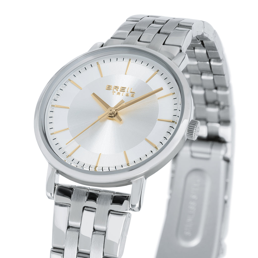 Breil Esmé EW0799 | Orologio Donna Solo Tempo Silver CD Pattern Indici Gold Vetro Ricurvo Dettaglio Quadrante | Gioielleria CICCO
