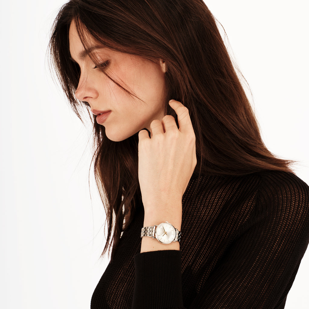 Breil Esmé EW0799 | Orologio Donna Solo Tempo Silver CD Pattern Indici Gold Vetro Ricurvo Indossato | Gioielleria CICCO
