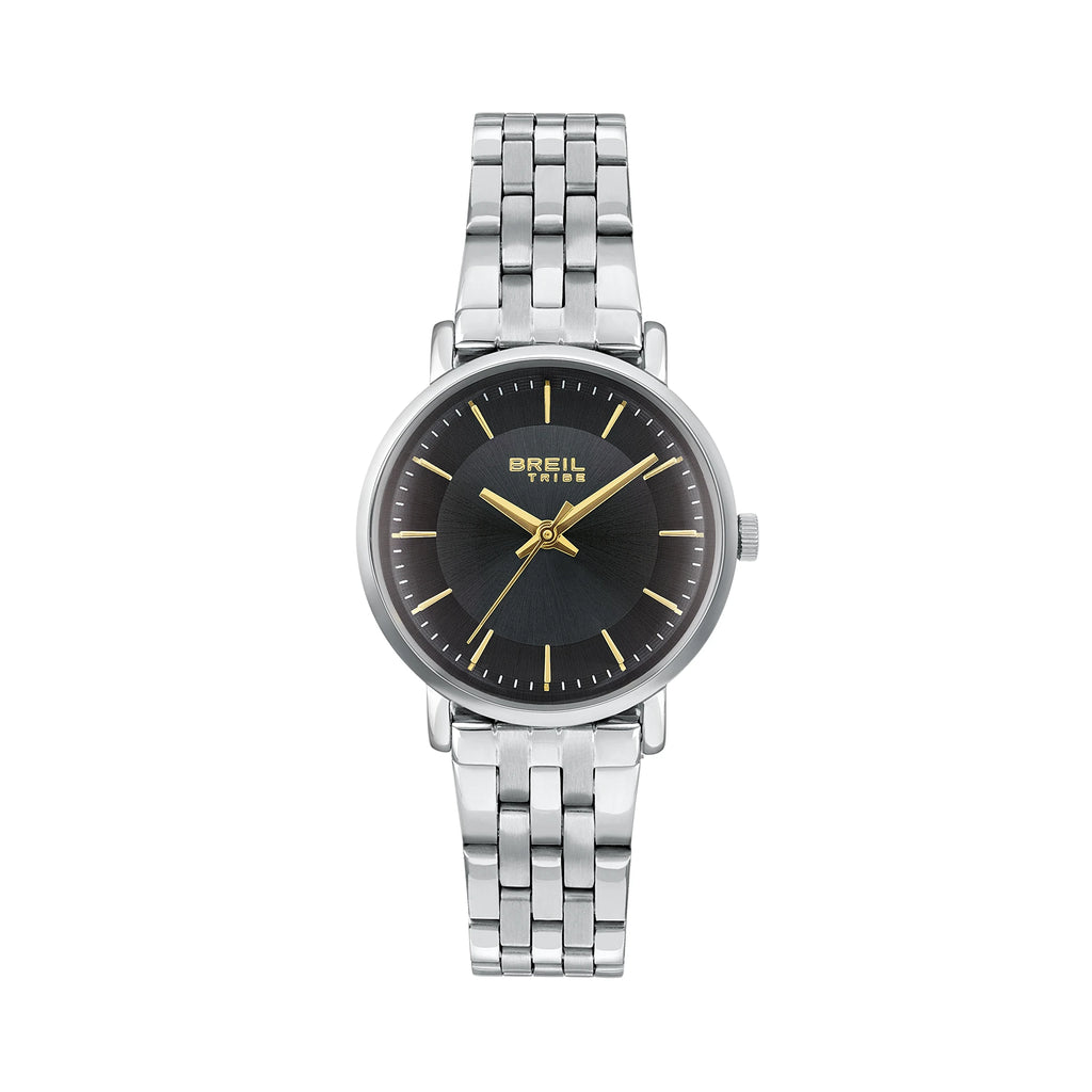 Breil Esmé EW0800 | Orologio Donna Solo Tempo Nero CD Pattern Indici Gold Vetro Ricurvo Vista Frontale | Gioielleria CICCO
