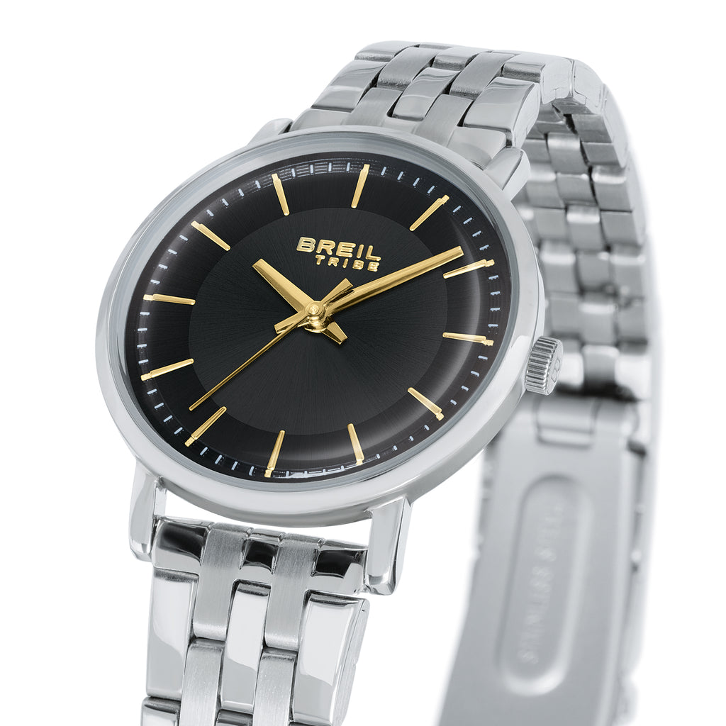 Breil Esmé EW0800 | Orologio Donna Solo Tempo Nero CD Pattern Indici Gold Vetro Ricurvo Dettagli Quadrante | Gioielleria CICCO
