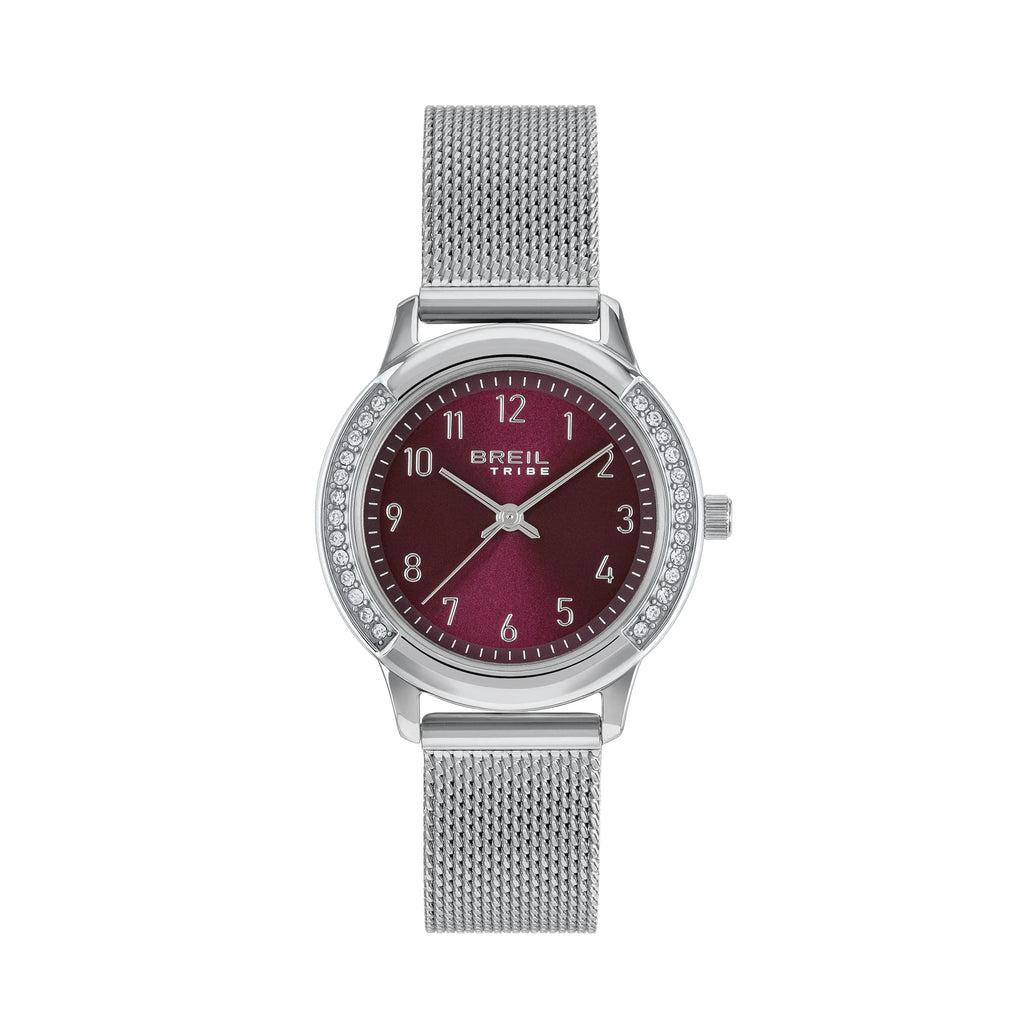 Breil Eye to Eye EW0804 | Orologio Donna Solo Tempo Ruby Wine Sunray Mesh Pavé Cristalli Vista Frontale | Gioielleria CICCO
