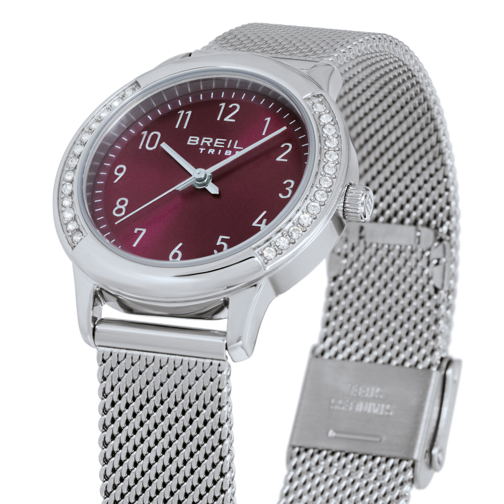 Breil Eye to Eye EW0804 | Orologio Donna Solo Tempo Ruby Wine Sunray Mesh Pavé Cristalli Dettagli Quadrante | Gioielleria CICCO
