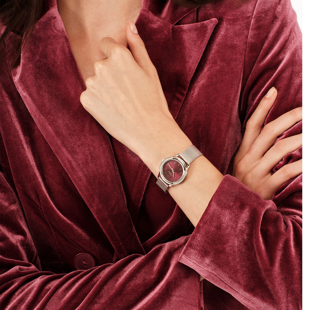 Breil Eye to Eye EW0804 | Orologio Donna Solo Tempo Ruby Wine Sunray Mesh Pavé Cristalli Indossato | Gioielleria CICCO
