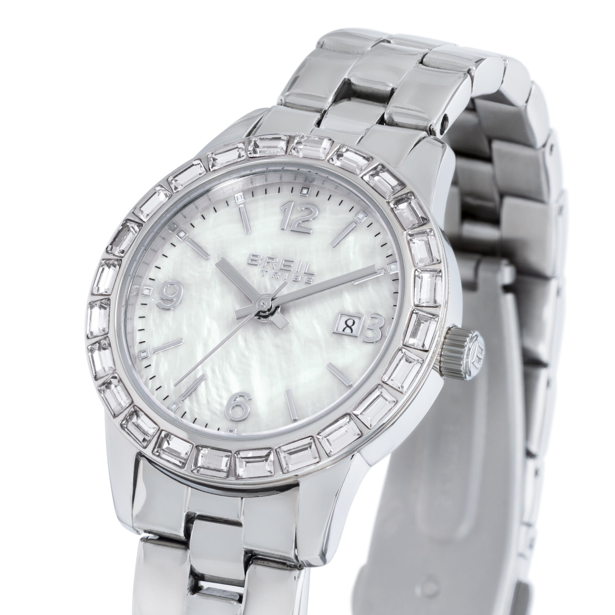 Orologio Breil Glow and Go EW0820 – Dettaglio quadrante madreperla e lunetta con cristalli baguette – Cicco Gioielleria