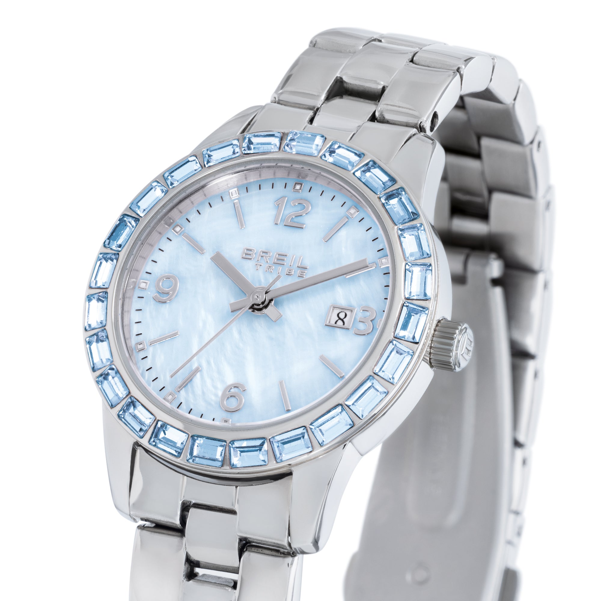 Orologio Breil Glow and Go EW0823 – Dettaglio quadrante madreperla ice blue e lunetta con cristalli baguette – Cicco Gioielleria