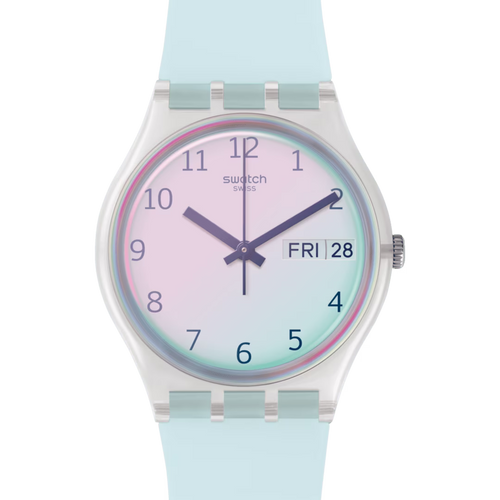 Swatch Gent Elegance GE726 Ultraciel – Vista laterale cassa Gent Elegance azzurra con cinturino – SWATCH