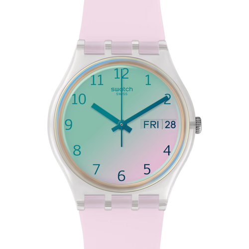 Swatch Gent Elegance GE725 Ultrarose – Vista laterale cassa Gent Elegance rosa con cinturino – SWATCH