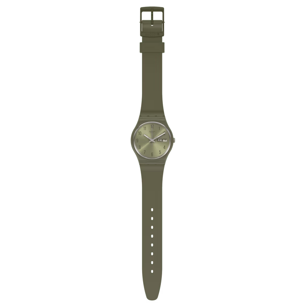 Orologio Swatch PEARLYGREEN GG712 verde perlato con cinturino aperto, vista frontale completa, CICCO Gioielleria.