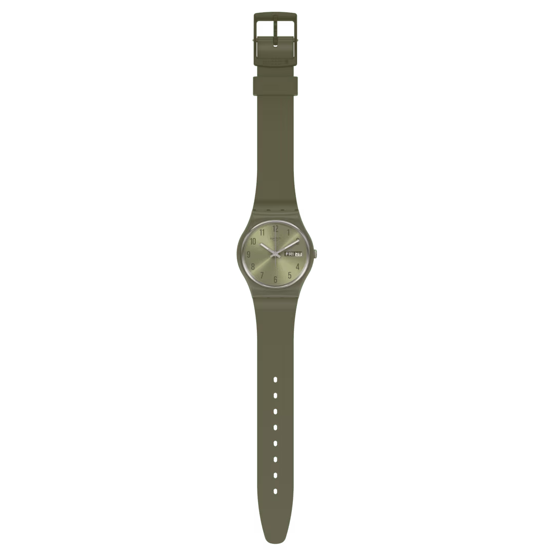Orologio Swatch PEARLYGREEN GG712 verde perlato con cinturino aperto, vista frontale completa, CICCO Gioielleria.