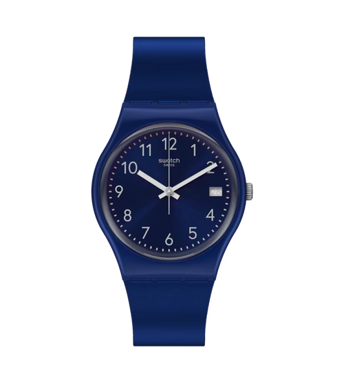 Swatch Gent GN416 Argento in Blu – Vista laterale cassa Gent con cinturino – SWATCH