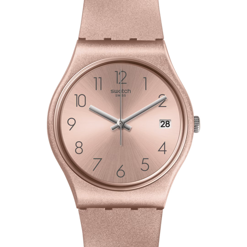 Swatch Gent Precious GE724 Pinkbaya – Vista laterale cassa Gent Precious rosa con cinturino – SWATCH
