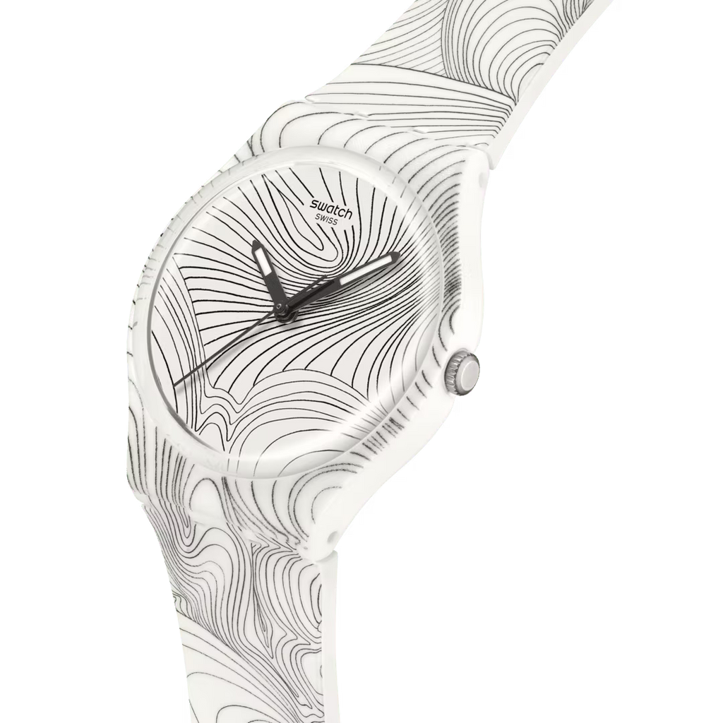 Swatch GZ363 Curvilinear – Dettaglio quadrante bianco con motivi grafici