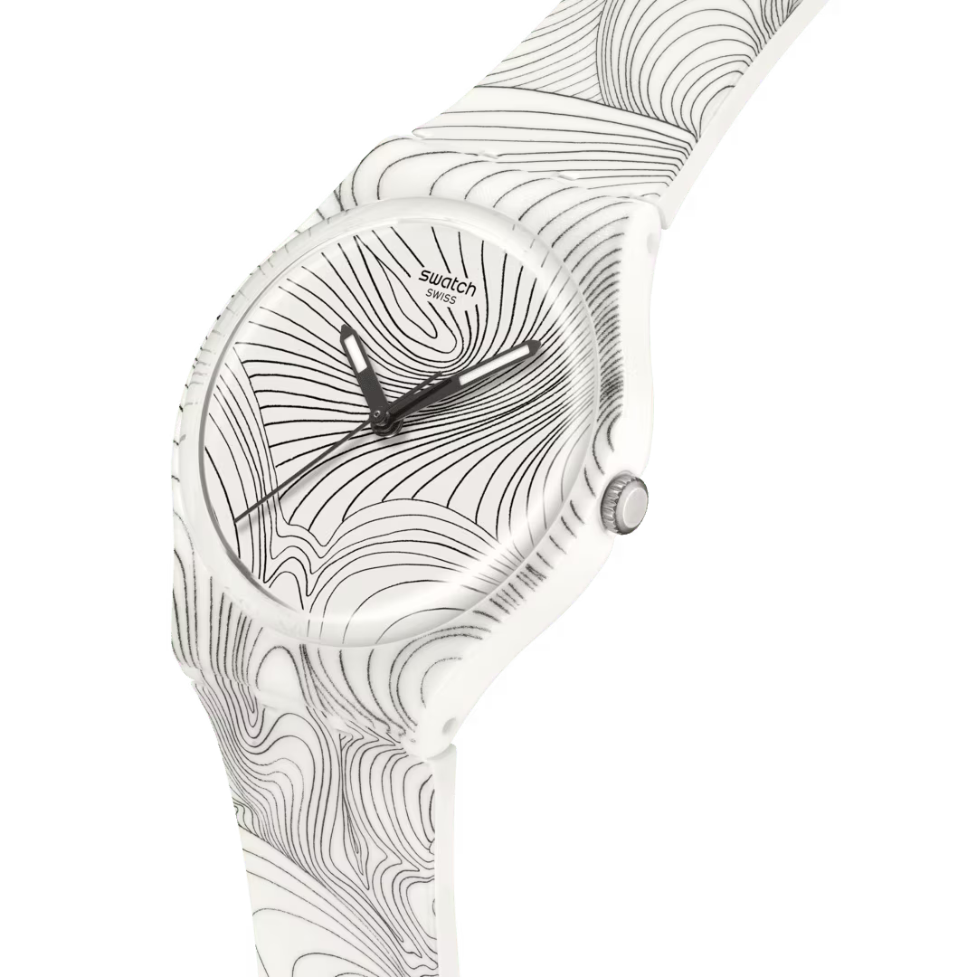 Swatch GZ363 Curvilinear – Dettaglio quadrante bianco con motivi grafici