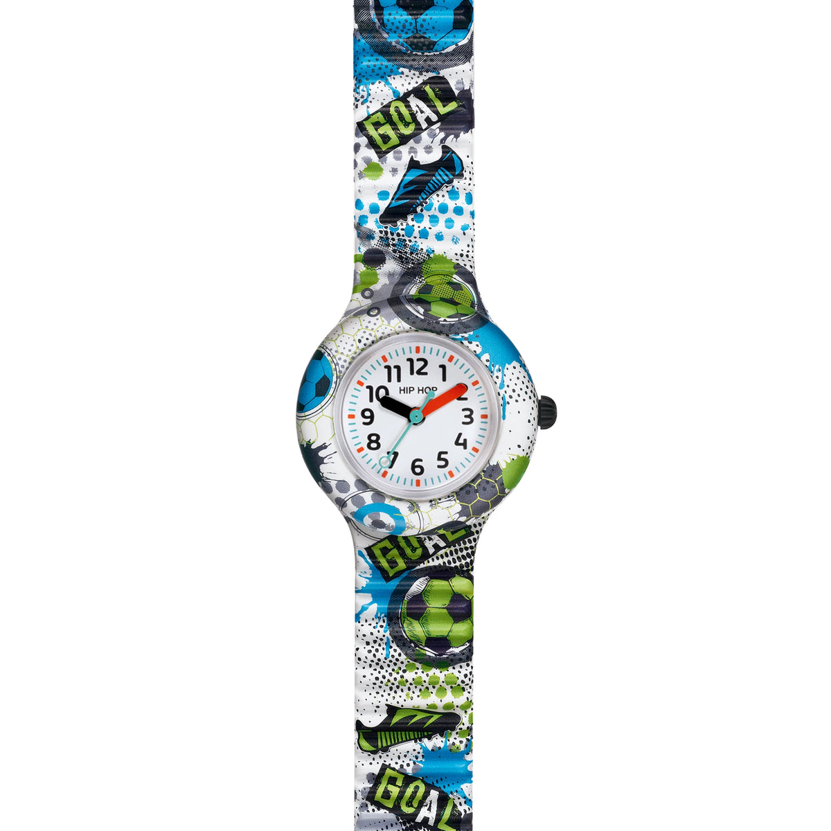Orologio HIP HOP Kids Fun HWU1066 con cinturino in silicone fantasia calcio su sfondo bianco, CICCO Gioielleria.