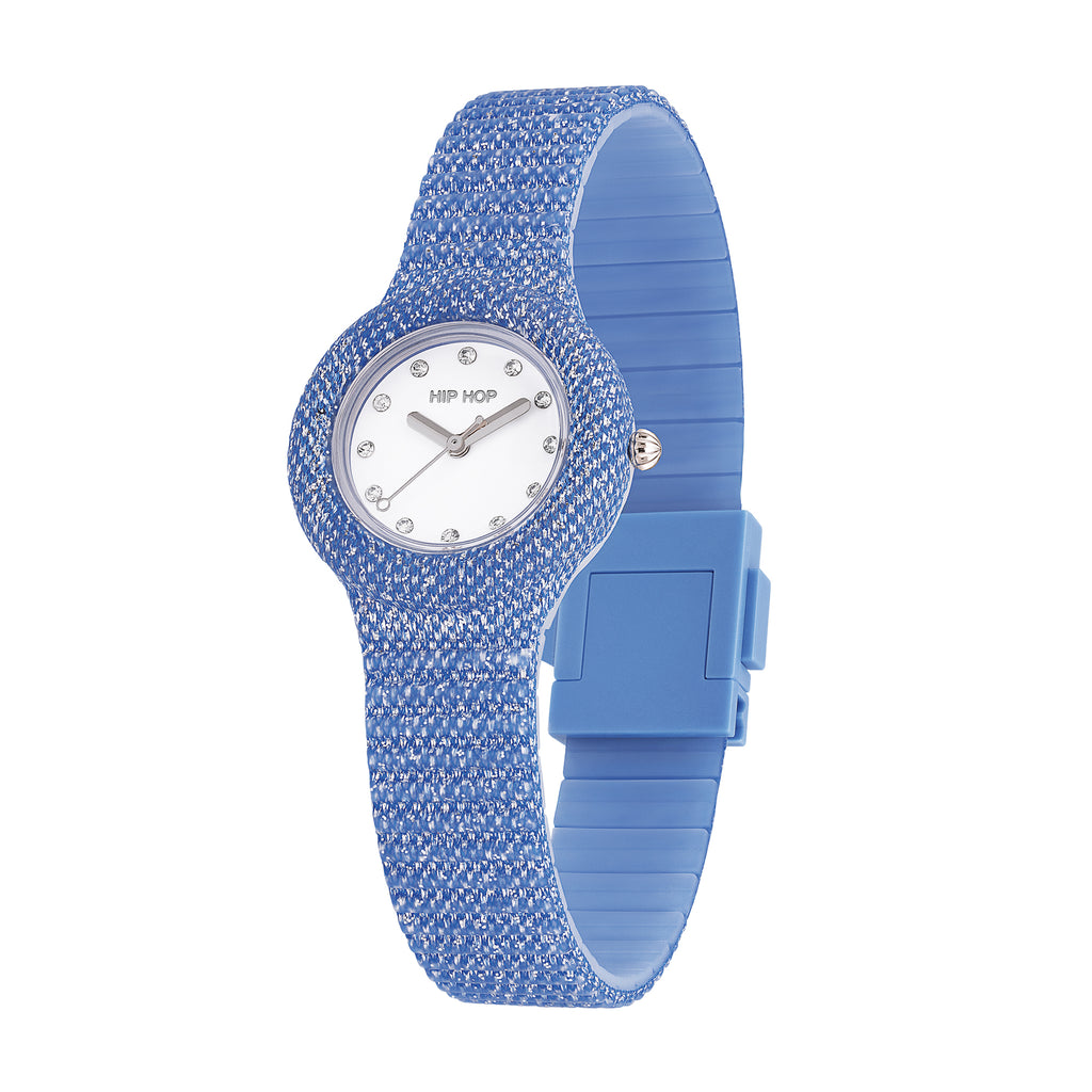 Hip Hop HWU1337 Shimmer Crush blu indossato, dettaglio del quadrante e del cinturino scintillante