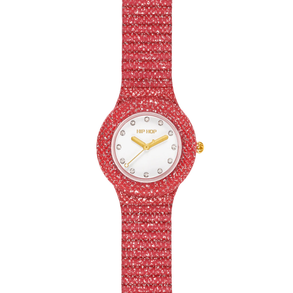 Orologio Hip Hop Shimmer Crush HWU1338 rosso con cinturino lurex e quadrante con sfere color oro