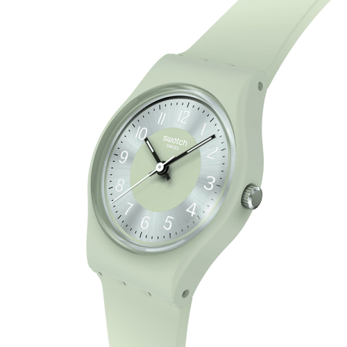 Swatch Gent SO29G702 Serenity of Sage – Vista laterale cassa Gent verde salvia con cinturino – SWATCH