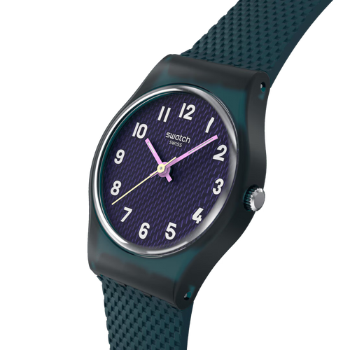 Swatch Lady LK397 Teal Weave – Vista laterale cassa Lady verde acqua con cinturino – SWATCH