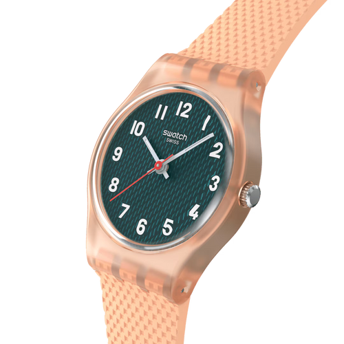 Swatch Lady LK395 Peachy Weave – Vista laterale cassa Lady pesca con cinturino – SWATCH