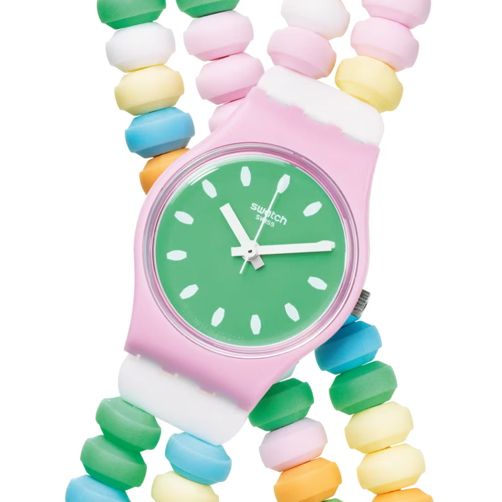 Orologio Swatch Caramellissima LP135 – Dettaglio quadrante verde con lancette bianche da Cicco Gioielleria