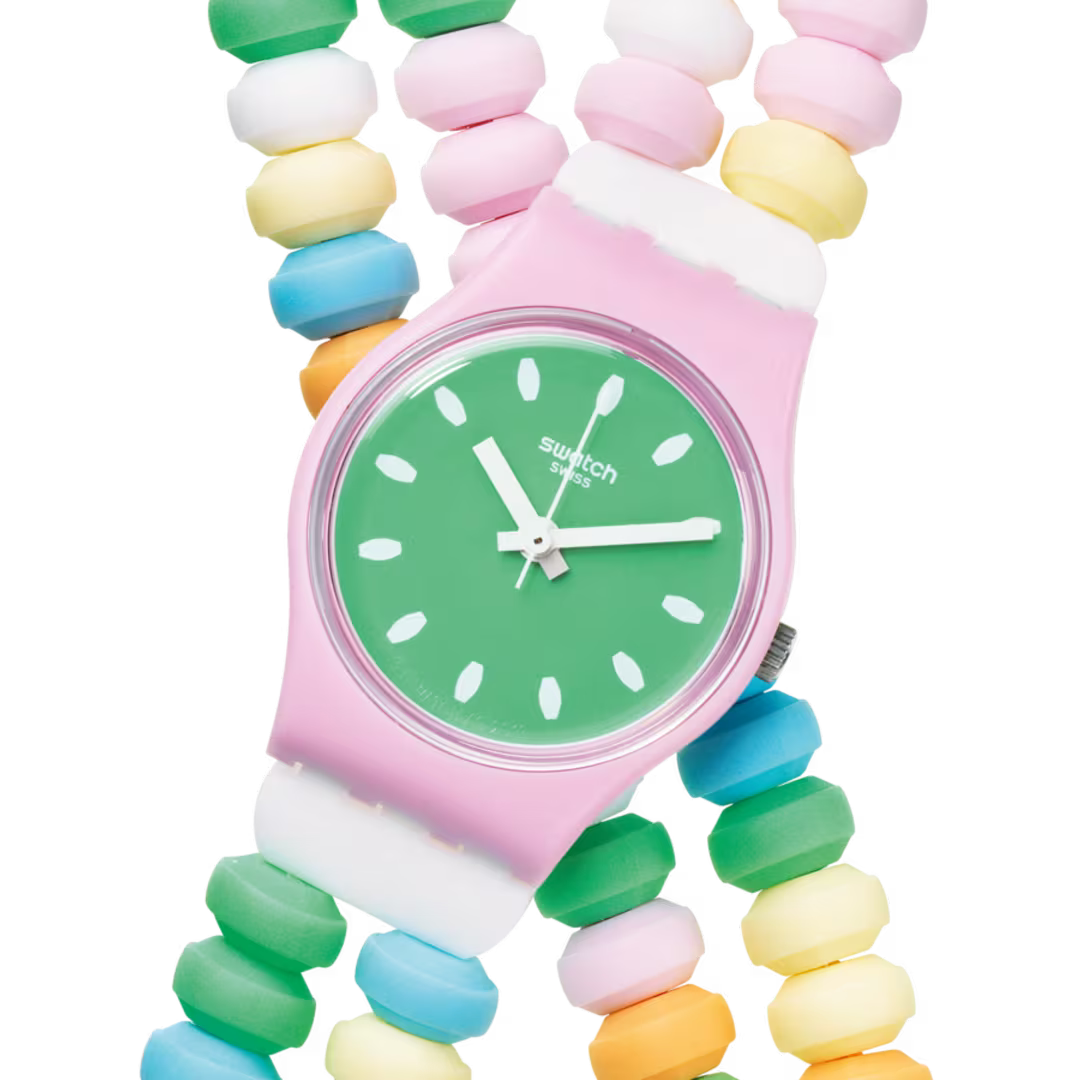 Orologio Swatch Caramellissima LP135 – Dettaglio quadrante verde con lancette bianche da Cicco Gioielleria