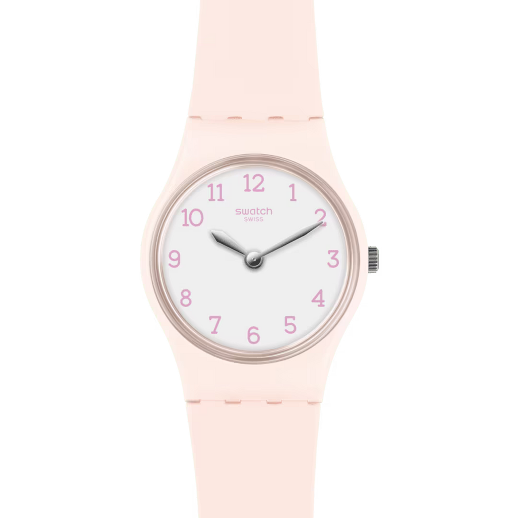 Dettaglio del quadrante bianco con numeri lilla e della cassa rosa dello Swatch PINKBELLE LP150.