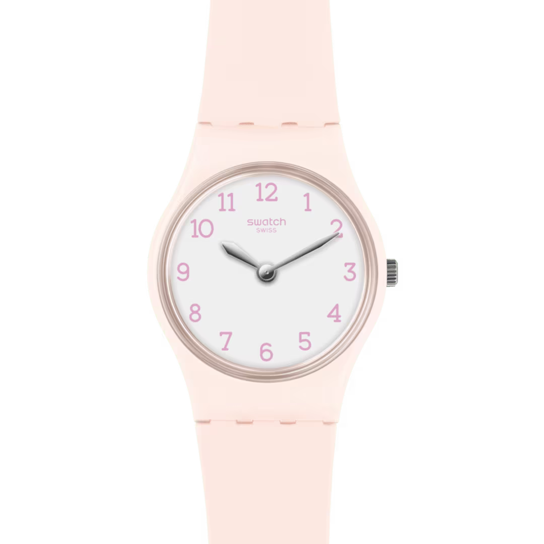 Dettaglio del quadrante bianco con numeri lilla e della cassa rosa dello Swatch PINKBELLE LP150.