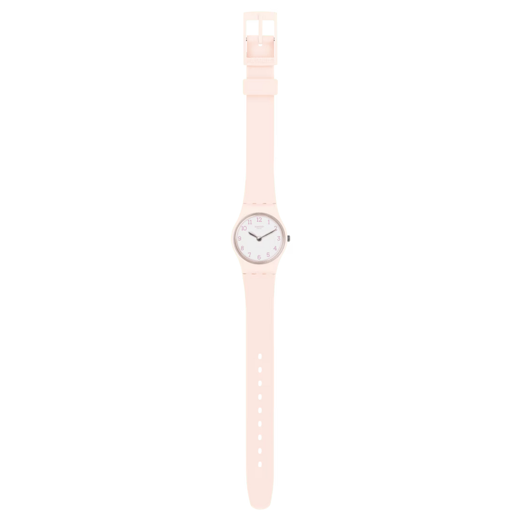Swatch PINKBELLE LP150 visto frontalmente, con cinturino rosa e quadrante bianco – CICCO Gioielleria.