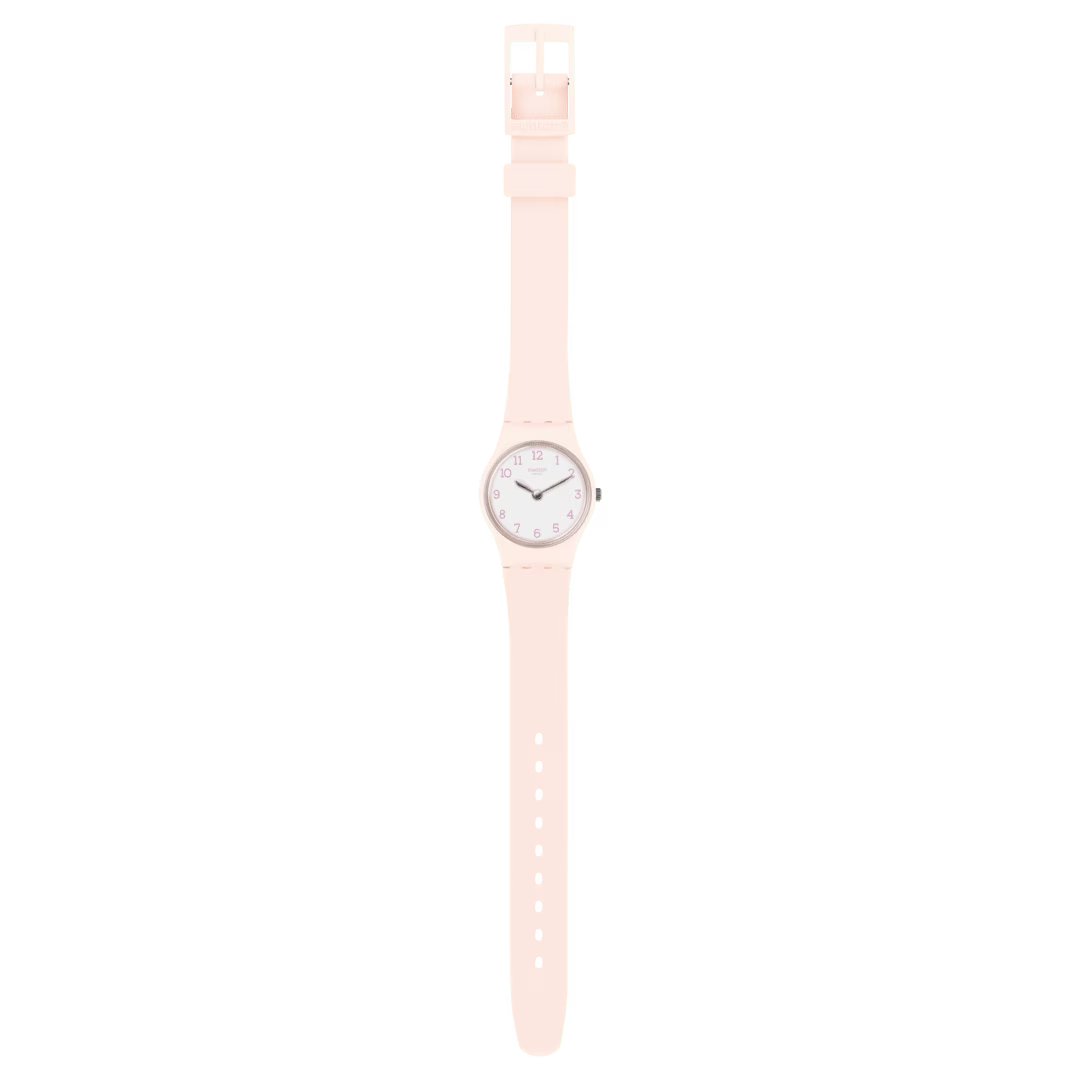 Swatch PINKBELLE LP150 visto frontalmente, con cinturino rosa e quadrante bianco – CICCO Gioielleria.