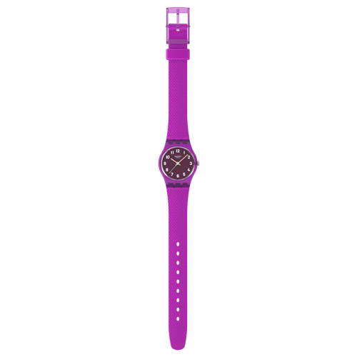 Swatch Lady LK394 Magenta Weave – Orologio donna quadrante magenta intrecciato, vista frontale su sfondo bianco – CICCO Gioielleria