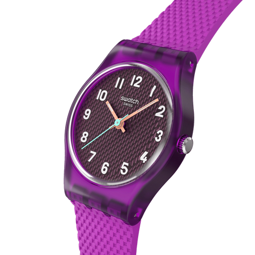 Swatch Lady LK394 Magenta Weave – Vista laterale cassa Lady magenta con cinturino – SWATCH
