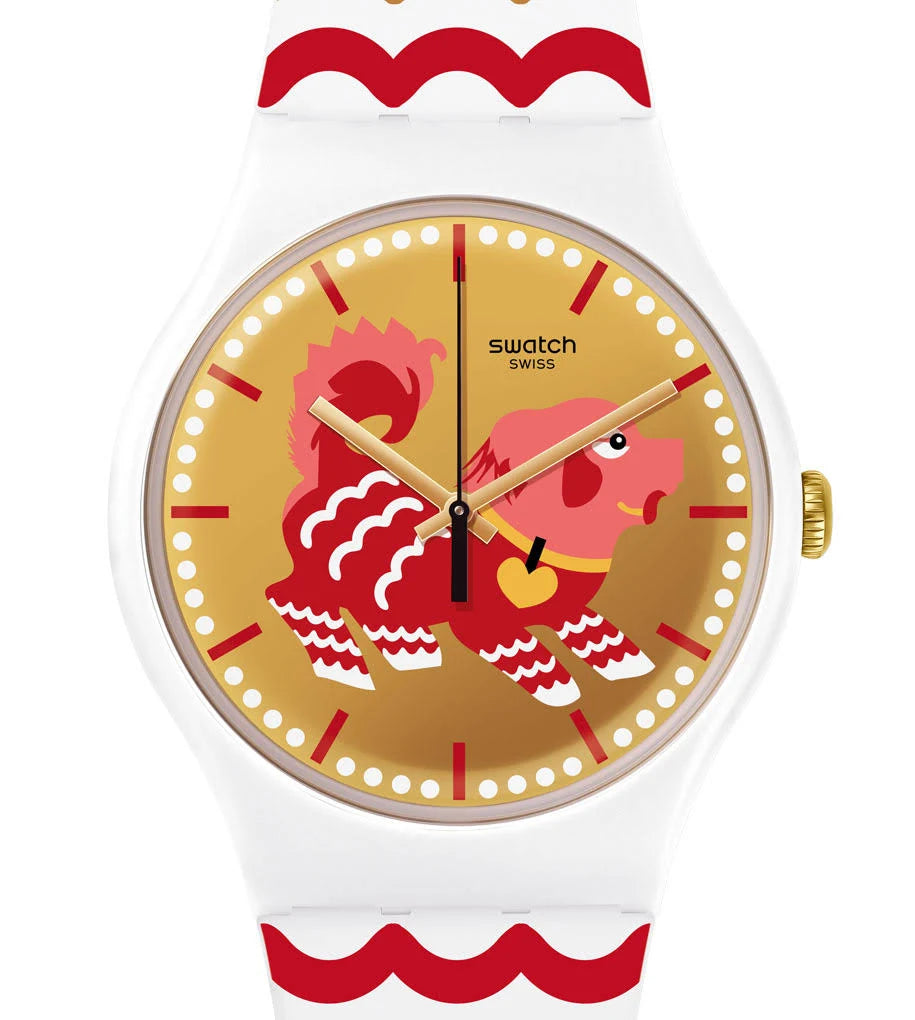 Dettaglio quadrante Swatch SUOZ266 Woof New Year 2018 – grafica Anno del Cane