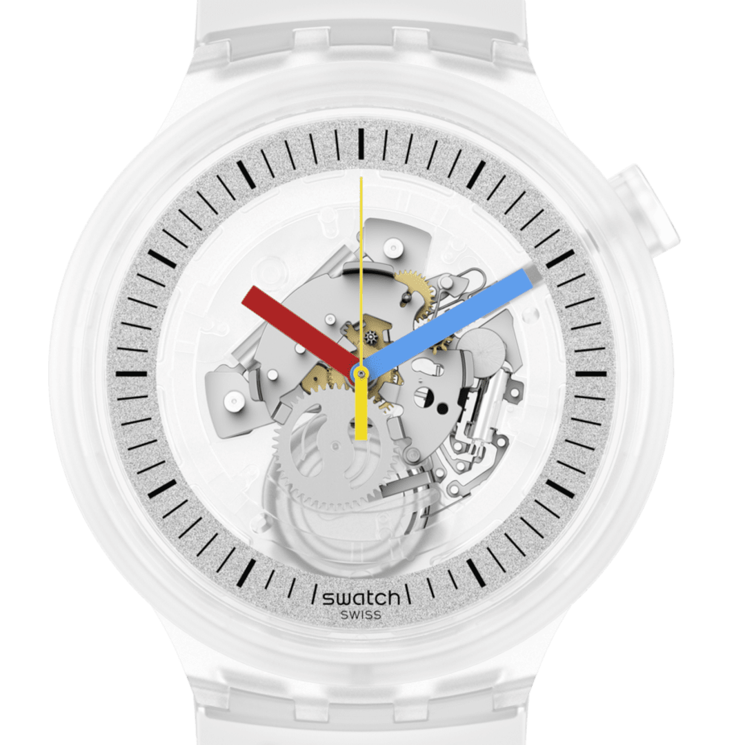 Swatch Clearly Bold – Vista laterale cassa oversize trasparente biosourced – SWATCH