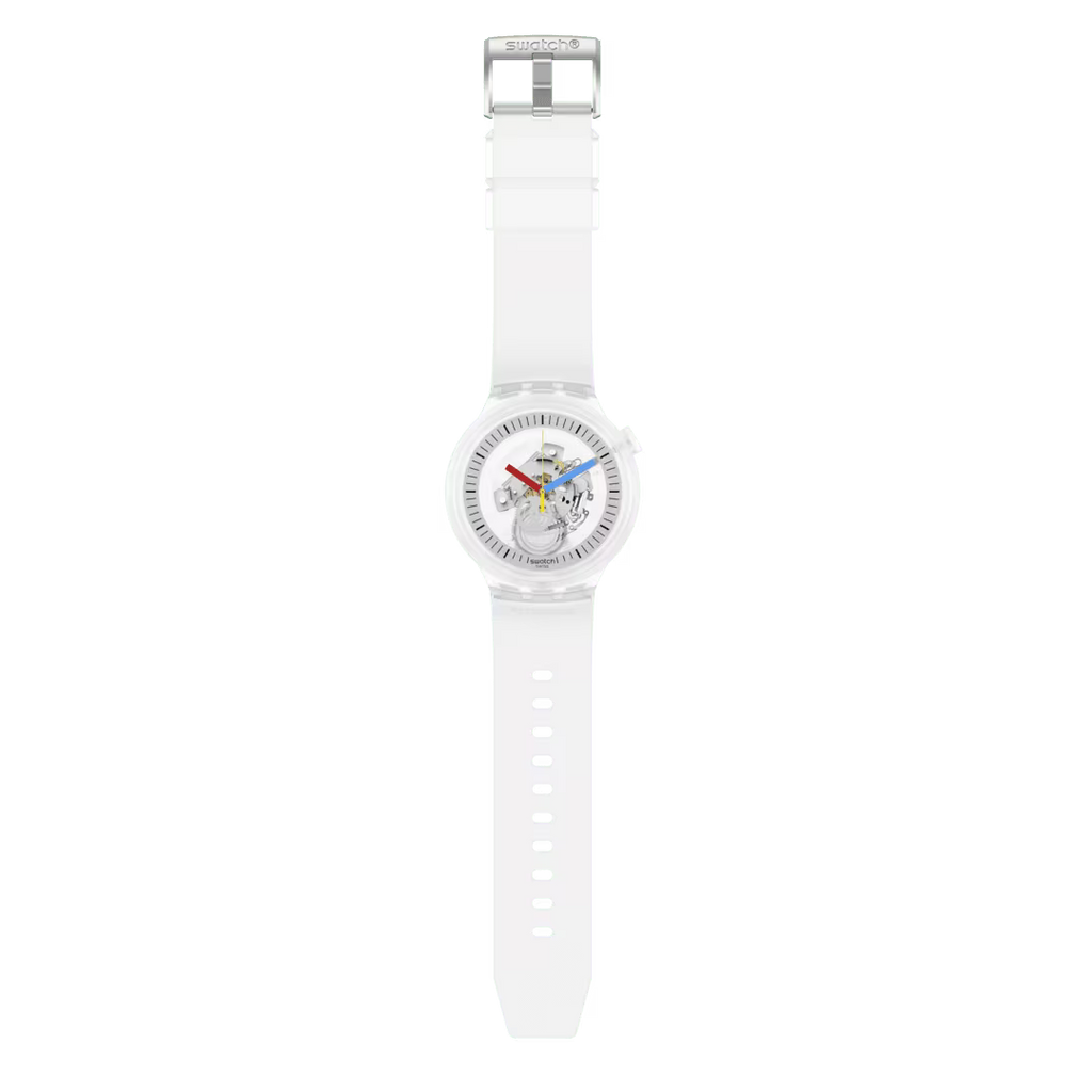 Swatch Clearly Bold – Orologio Big Bold trasparente, vista frontale su sfondo bianco – CICCO Gioielleria