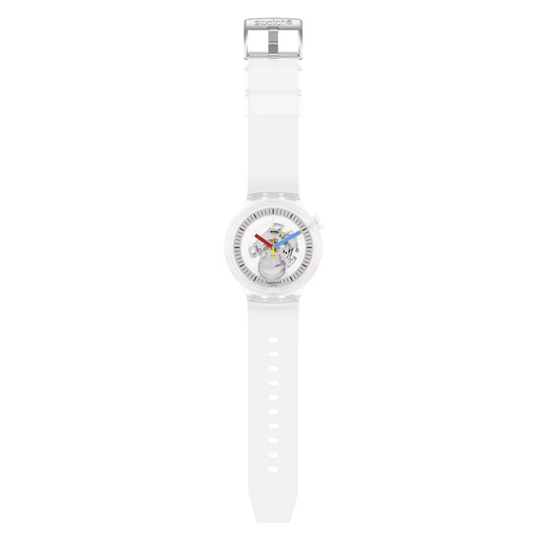 Swatch Clearly Bold – Orologio Big Bold trasparente, vista frontale su sfondo bianco – CICCO Gioielleria